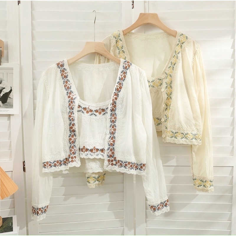 Set áo xô tay dài viền thêu hoa kèm áo hai dây