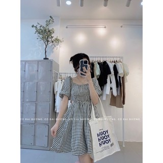 váy kẻ trễ vai khoét eo