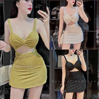 Đầm hai dây xoắn ngực hở eo dáng ngắn ôm body