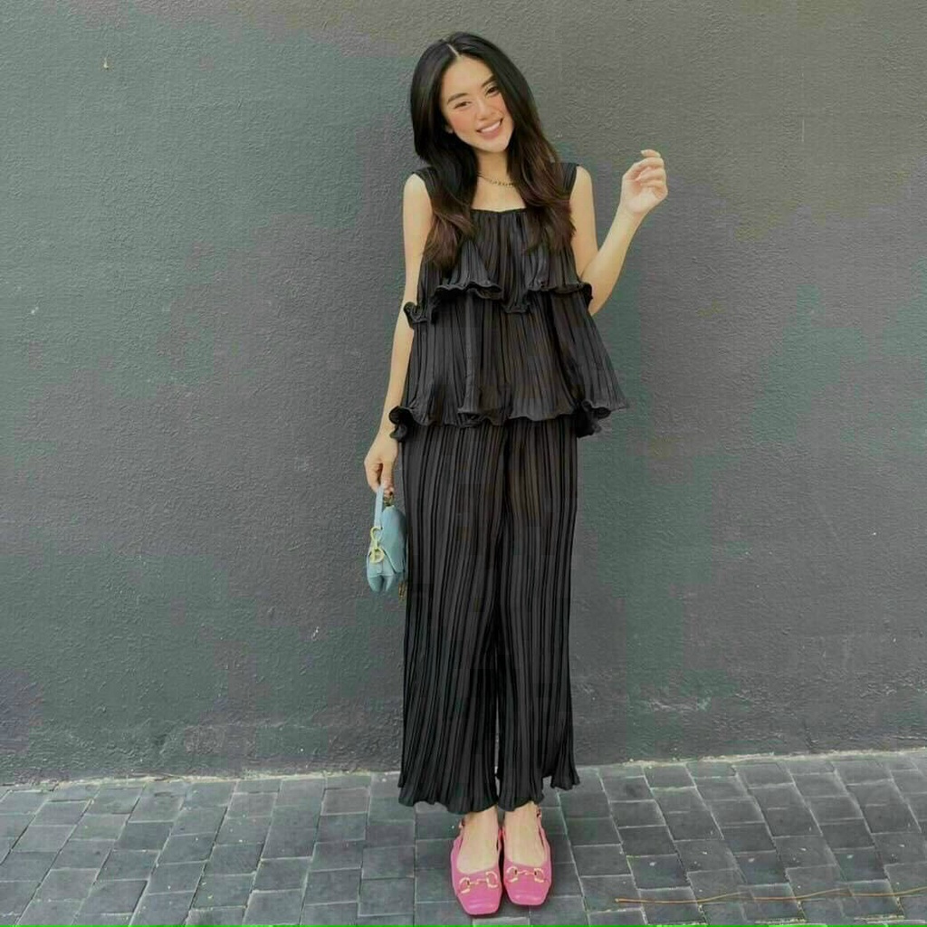 Set đi biển, set đồ nữ đi chơi áo 2 dây phân tầng phối quần ống rộng màu sắc tươi mới phong cách thoải mái cho nàng