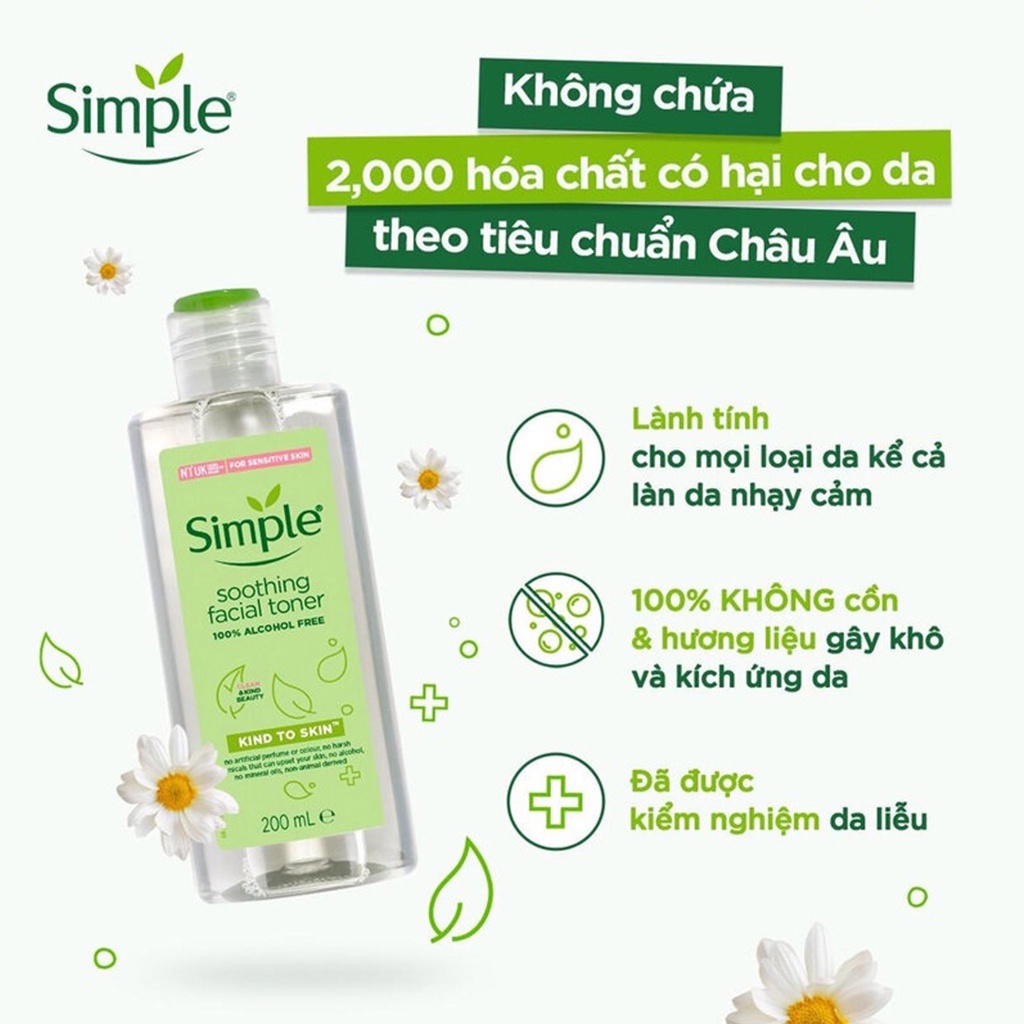Nước hoa hồng Simple Toner Kind To Skin Soothing Facial không cồn 200ml