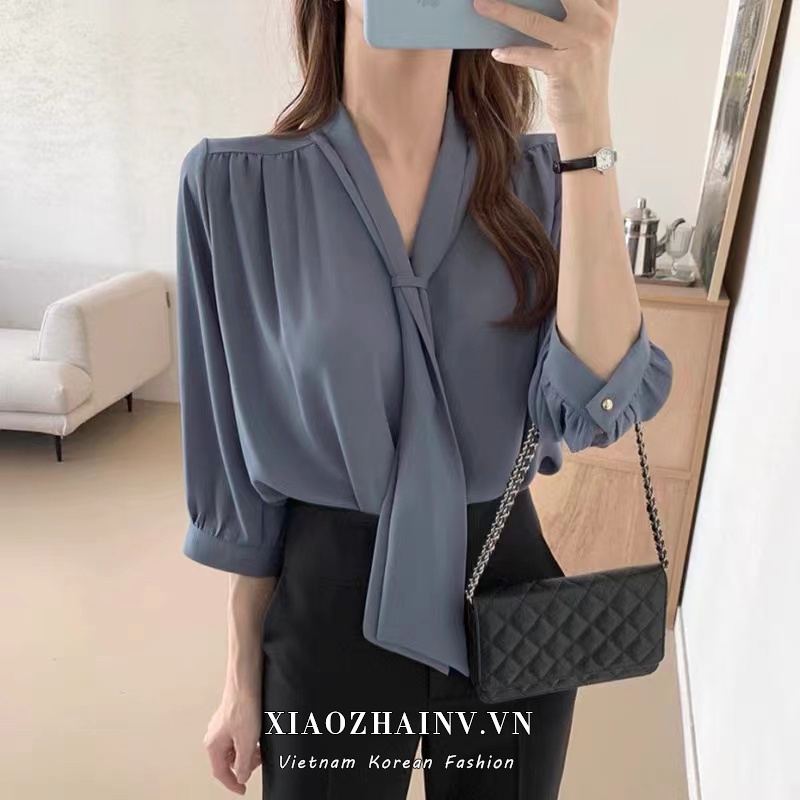 Xiaozhainv Áo Sơ Mi chiffon Tay Dài Dáng Rộng Cổ Chữ V Có 3 Màu Sắc Chọn Lựa Phong Cách Hàn Quốc Dành