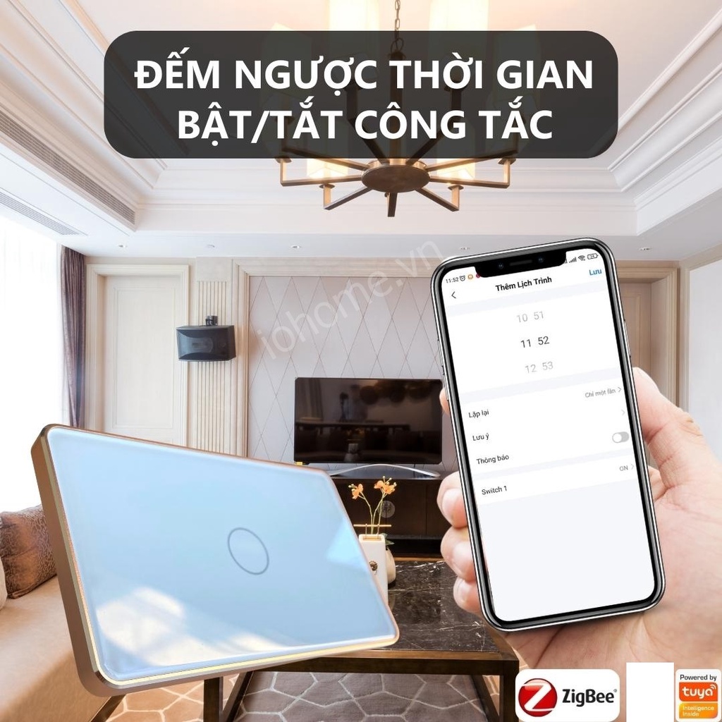 Công Tắc Thông Minh Zigbee/Wifi Tuya SmartLife Nút Lõm Viền Vàng Hẹn Giờ Điều Khiển Từ Xa Qua App Tiếng Việt