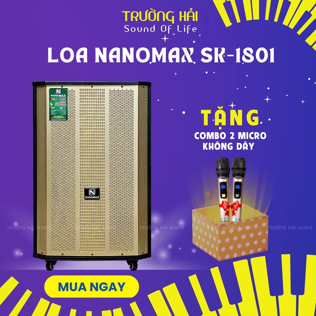 Loa kéo Nanomax SK-1801, loa karaoke di động bluetooth Bass 50cm công suất 950w (TẶNG 2 MIC không dây)