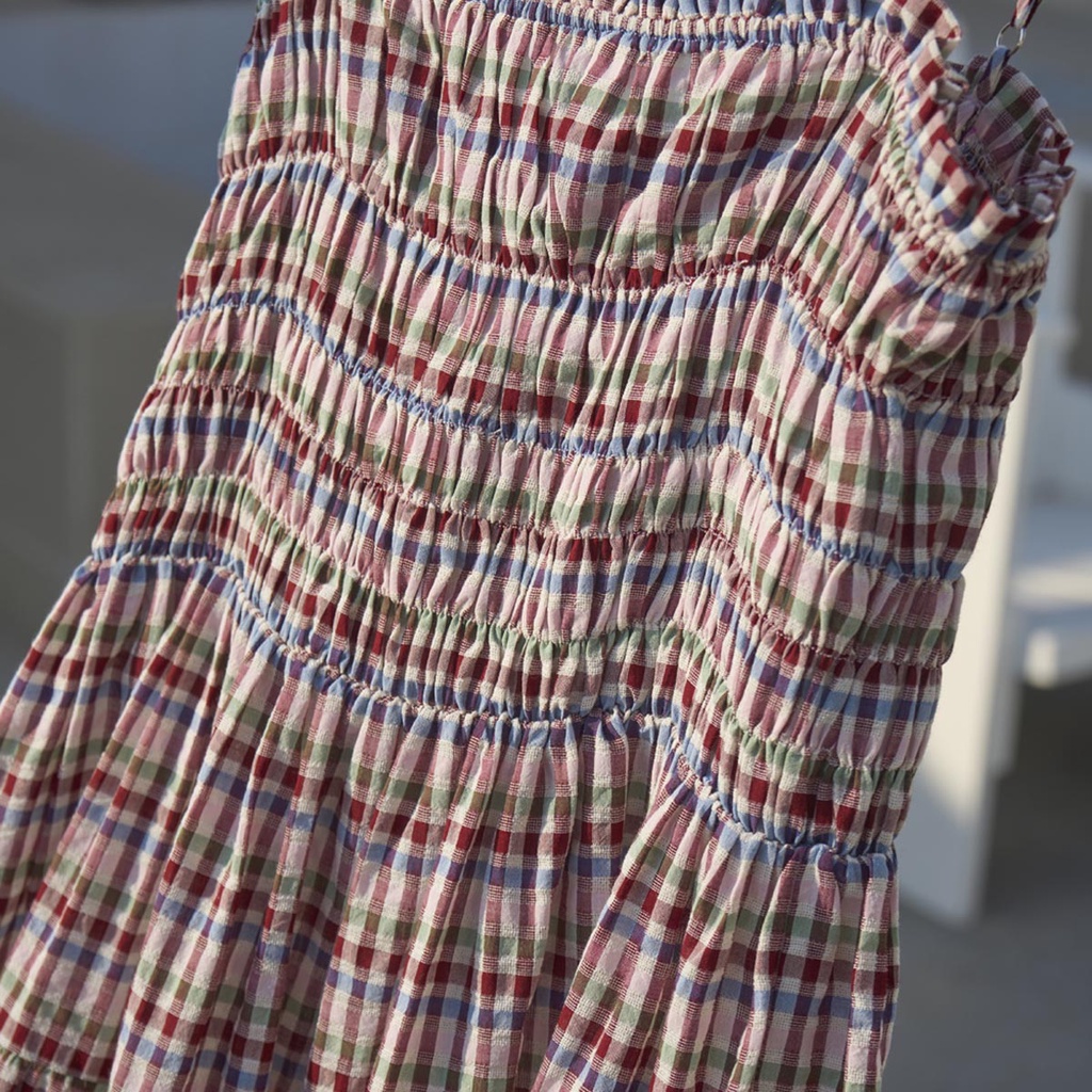 Đầm dây midi mocking thân trên xoè 3 tầng thời trang GAGO hoạ tiết caro xanh đen GG4287 GG4260