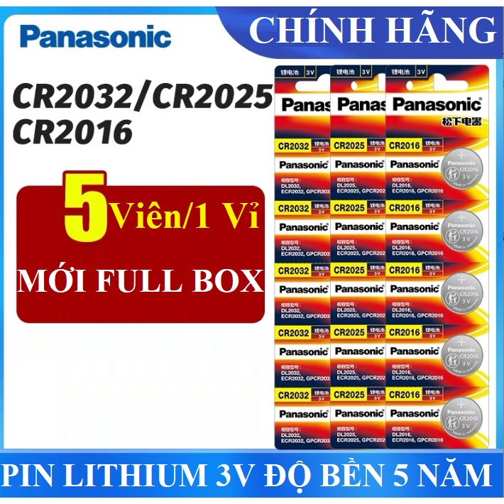 VỈ 5 Pin Cúc Áo Panasonic CR2032 - CR2025 - CR2016 3V Lithium HÀNG CHÍNH HÃNG MỚI 100%