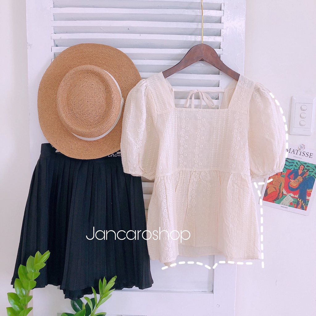 Áo Babydoll Tay Phồng Nơ Lưng Chất Kate Đục Lỗ - Jancaroshop