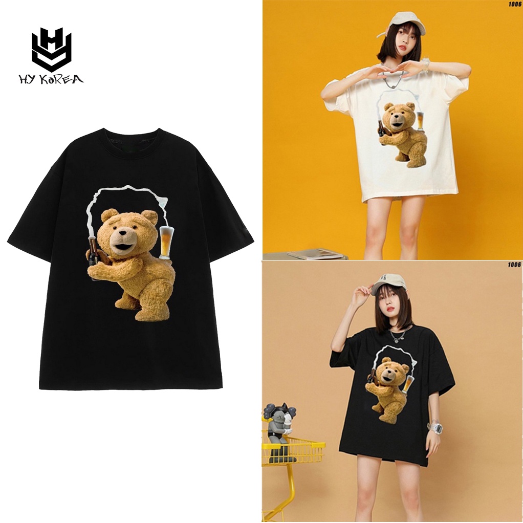 Áo thun form rộng unisex Gấu rót bia 1006 tay lỡ HY KOREA áo phông áo unisex áo thun anime áo rộng áo cotton t shirt áo kiểu