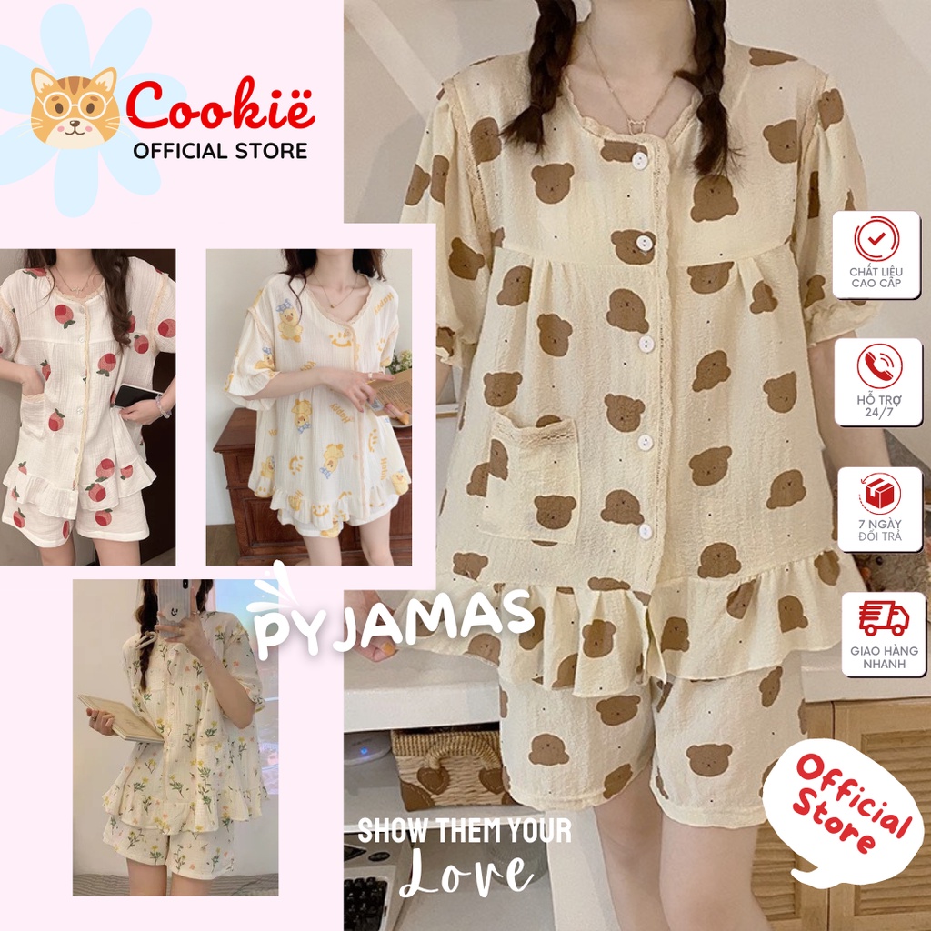 Đồ Pyjama Nữ, Bộ Quần Aó Ngủ Mặc Nhà Chất Xô Xốp Musilin Cookie Cao Cấp Ngắn Tay Cổ Tim Hàn Quốc BNTLCT154