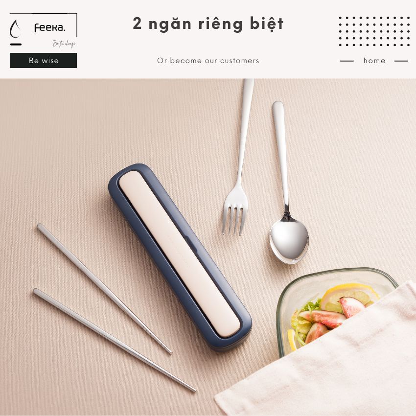 Bộ muỗng đũa thìa dĩa cá nhân dễ thương FEEKA cho dân văn phòng INOX cao cấp, bộ đũa thìa văn phòng cute 2 ngăn