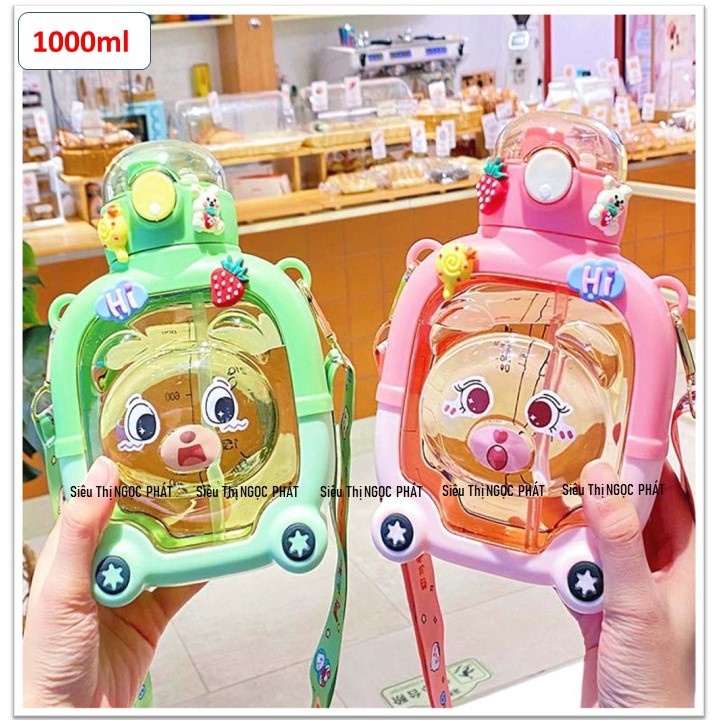 Bình nước nhựa  Mặt Gấu Biểu Cả_có dây đeo cute_ có ống hút_ 1000ml