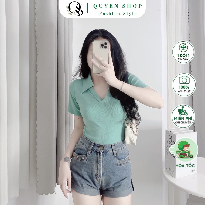 Áo Polo Thun Nữ Cổ Chữ V Phong Cách Vintage QS QUYEN SHOP