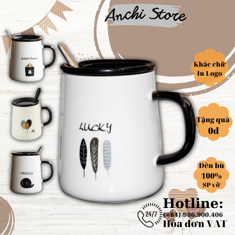 Ly sứ LUCKY FRIEND - KHẮC TÊN THEO YÊU CẦU thông điệp ý nghĩa, cốc sứ CÓ NẮP và THÌA, dung tích 420ml, họa tiết Tây Âu