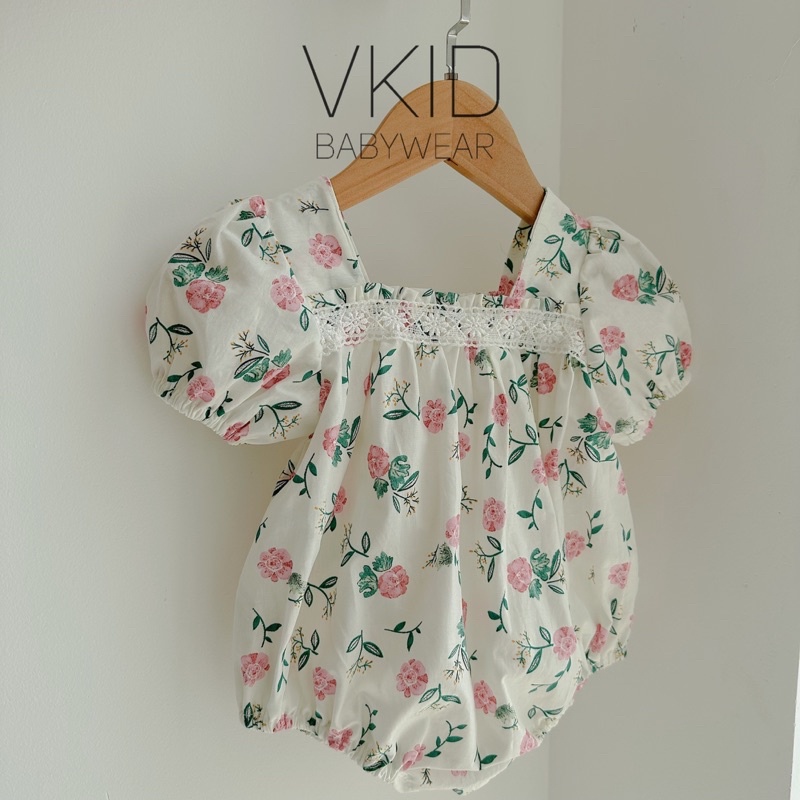 V25 Bodysuit nhún ngực pha ren tay bồng điệu đà cho bé gái size 5-13kg chất thô cara mềm mát