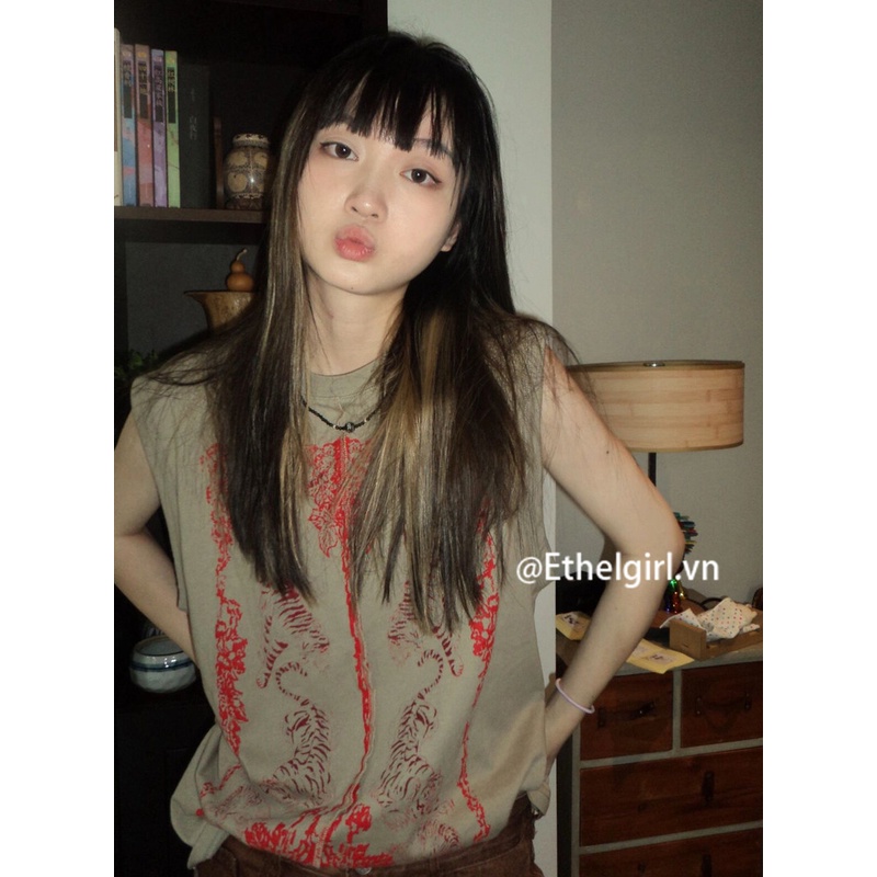 Ethelgirl Áo Thun Sát Nách Dáng Rộng In Họa Tiết Kiểu Retro Hàn Quốc Cá Tính Cho Nữ