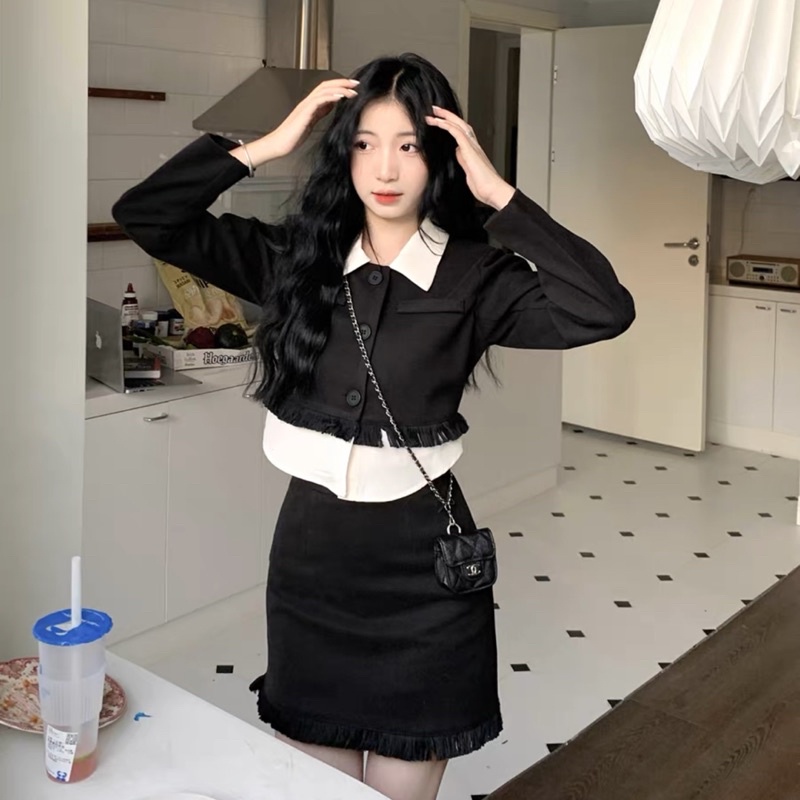 Set Dạ Croptop Mix Sơmi Hàng Thiết Kế Dou.dress