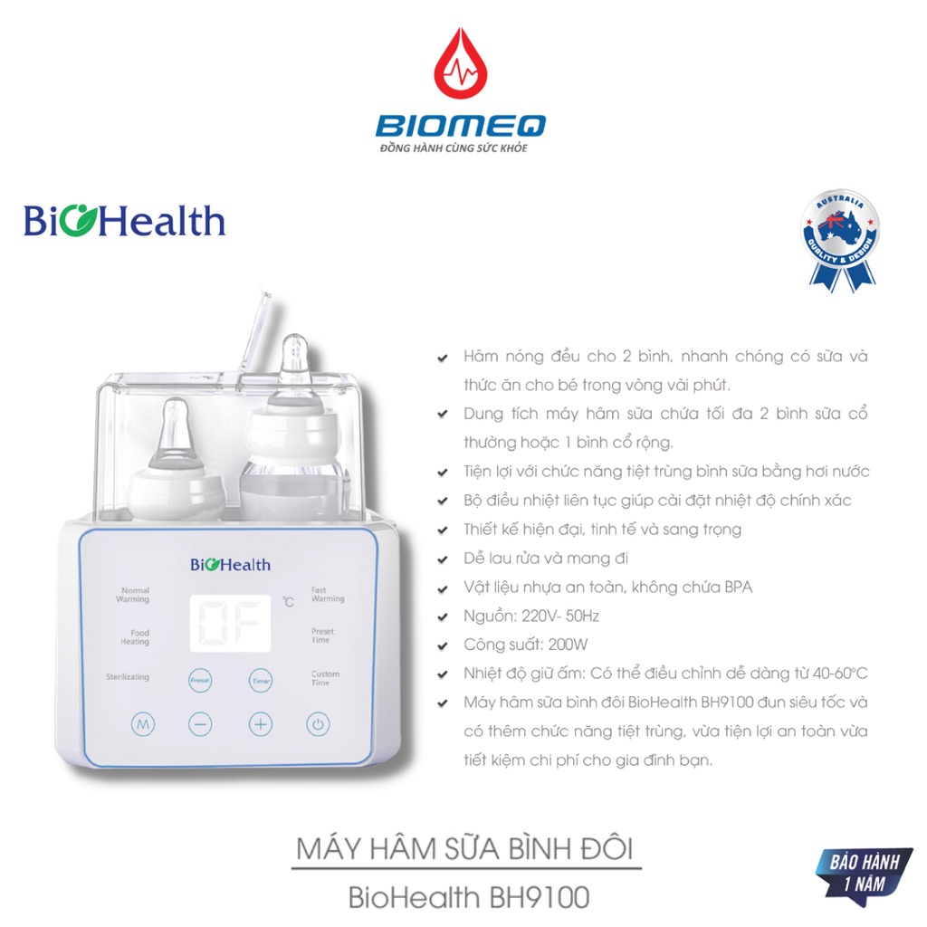 Máy hâm sữa đôi BioHealth BH9100 hâm nóng nhanh, tiệt trùng bình sữa bằng hơi nước tiện lợi