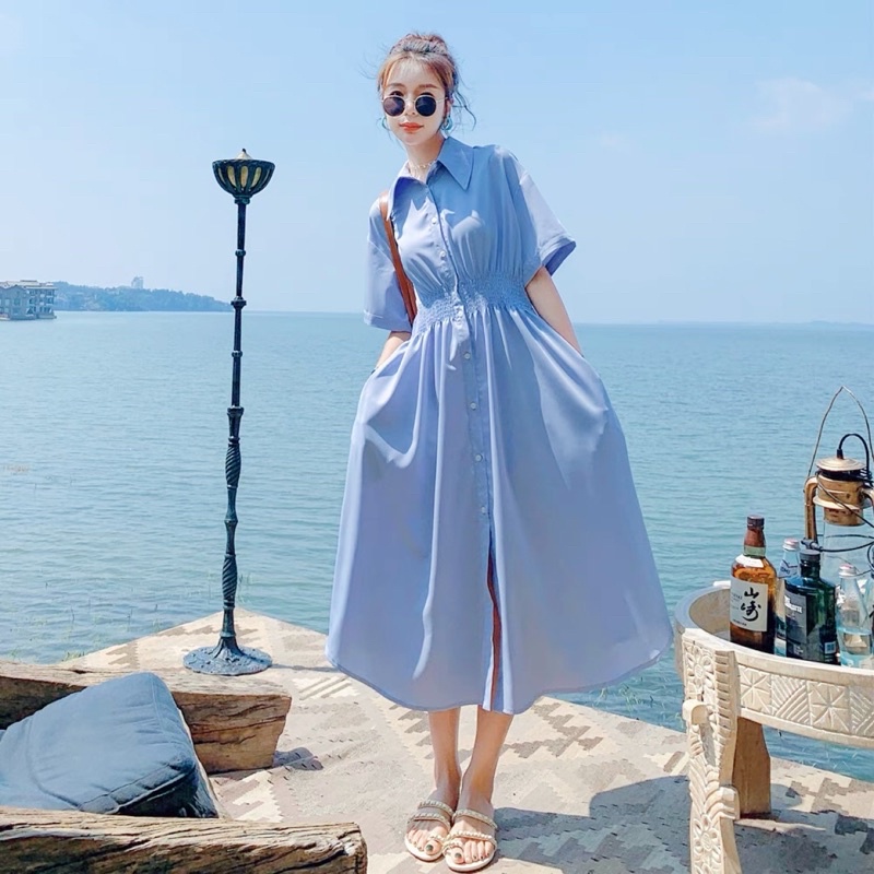 Đầm sơ mi chun eo 2 màu