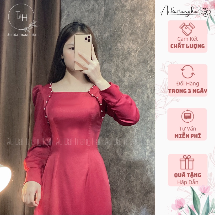 Áo dài cách tân cổ vuông tay bồng đính hạt-Trang Hải