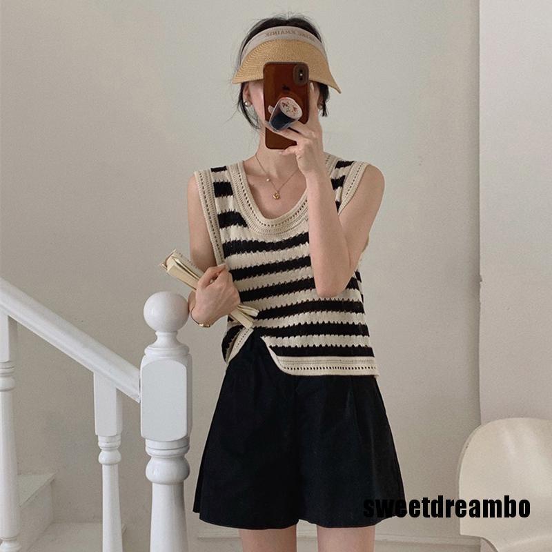 Áo Tank Top Dệt Kim Sát Nách Dáng Rộng Hoạ Tiết Kẻ Sọc Thời Trang Mùa Hè Cho Nữ