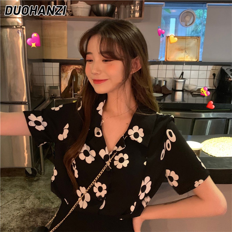 DUOHANZI Áo sơ mi dáng rộng in họa tiết hoa cúc nhỏ nhắn phong cách cổ điển thời trang cho nữ