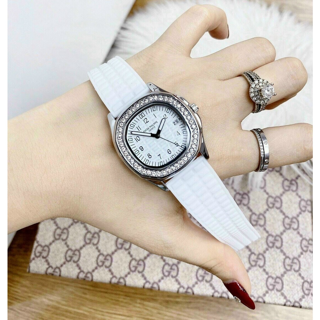 Đồng Hồ Nữ Patek Philippe Mặt Viền Đính Đá Sang Trọng, Dây Cao Su Silicone, Mặt Kính Cường Lực - BH 12Th