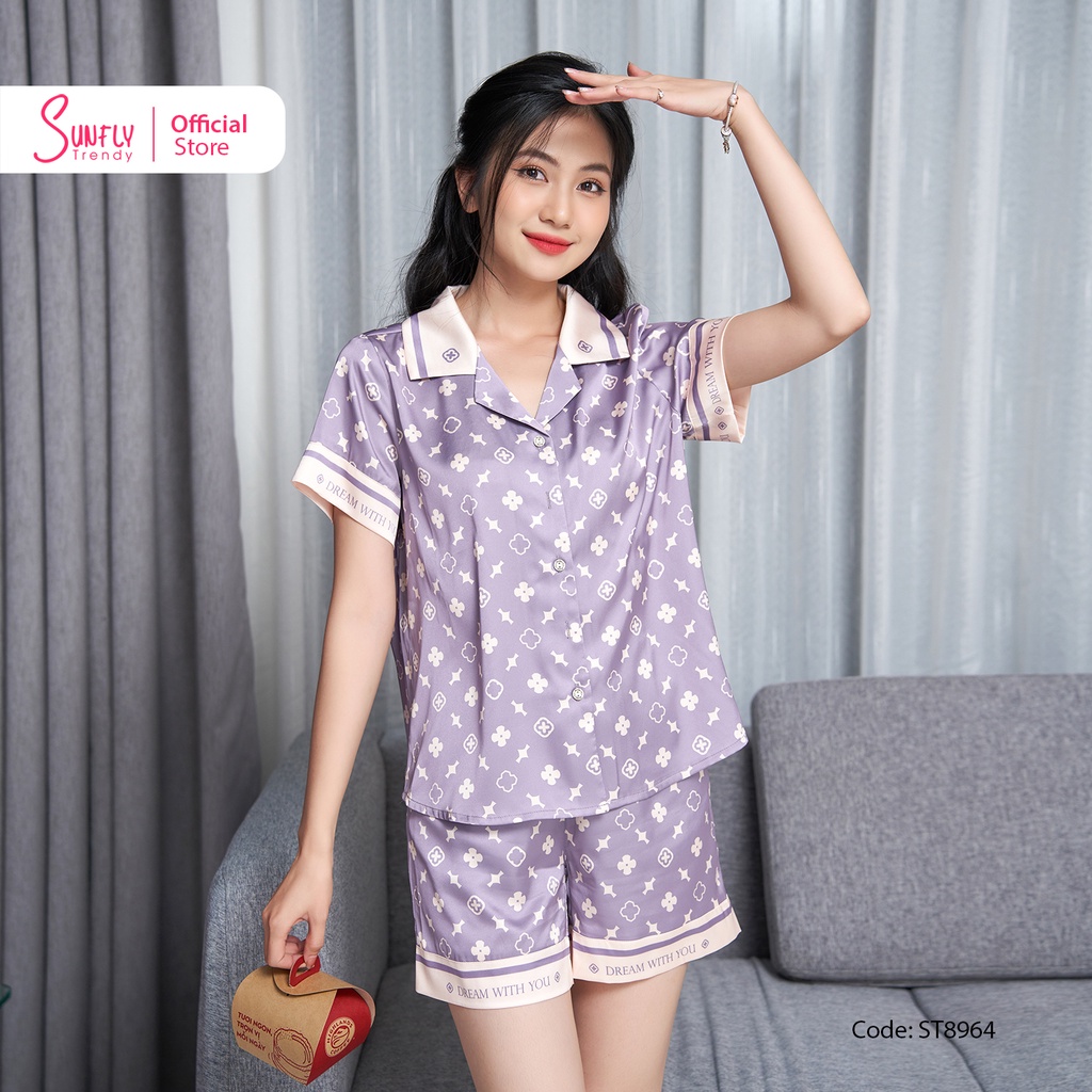 Bộ Đồ Mặc Nhà Nữ Pyjamas Lụa SUNFLY Áo Cộc Quần Sooc ST8964