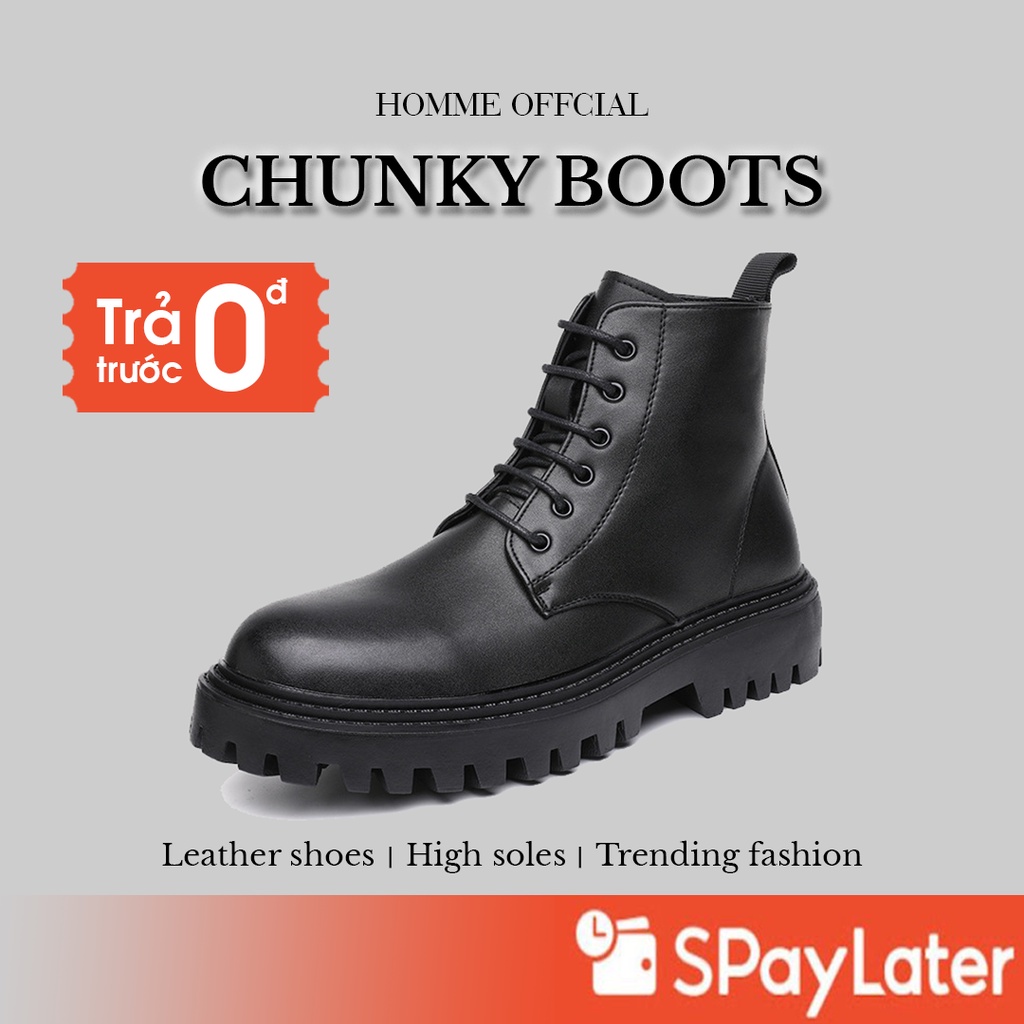 Giày Chunky Boots nam HOMME cổ cao, Giày da nam đế đúc 4cm tăng chiều cao 12511-R