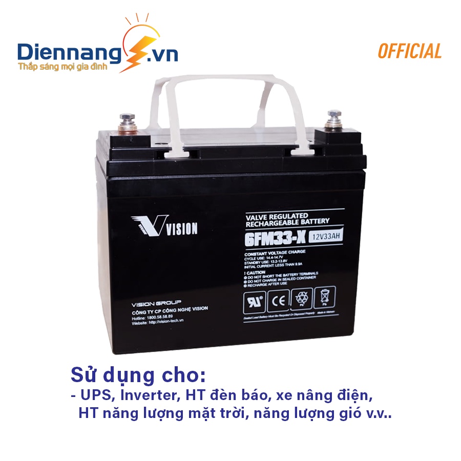 Ắc quy Vision 6FM33-X , acquy cho máy kích điện, viễn thông, năng lượng mặt trời, truyền hình cáp, đèn báo v.v