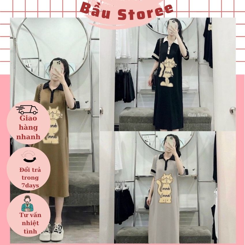 VÁY BẦU POLO MAXI MÙA HÈ KIỂU DÁNG IN HÌNH MÈO XINH XẮN- ĐẦM BẦU ĐẸP MẶC TRƯỚC VÀ SAU XINH ĐỀU ĐẸP