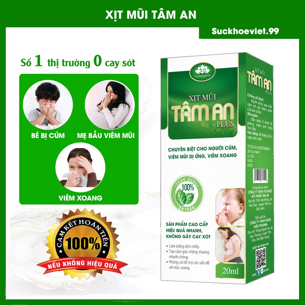 Xịt mũi Tâm An Plus. 100% thành phần thiên nhiên dùng được cho trẻ nhỏ và phụ nữ có thai