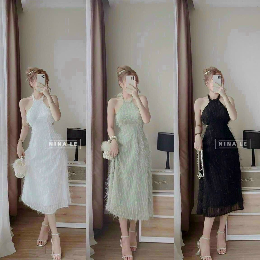 Đầm Váy Nữ Cổ Yếm Chất Xô Lông Điệu Đà