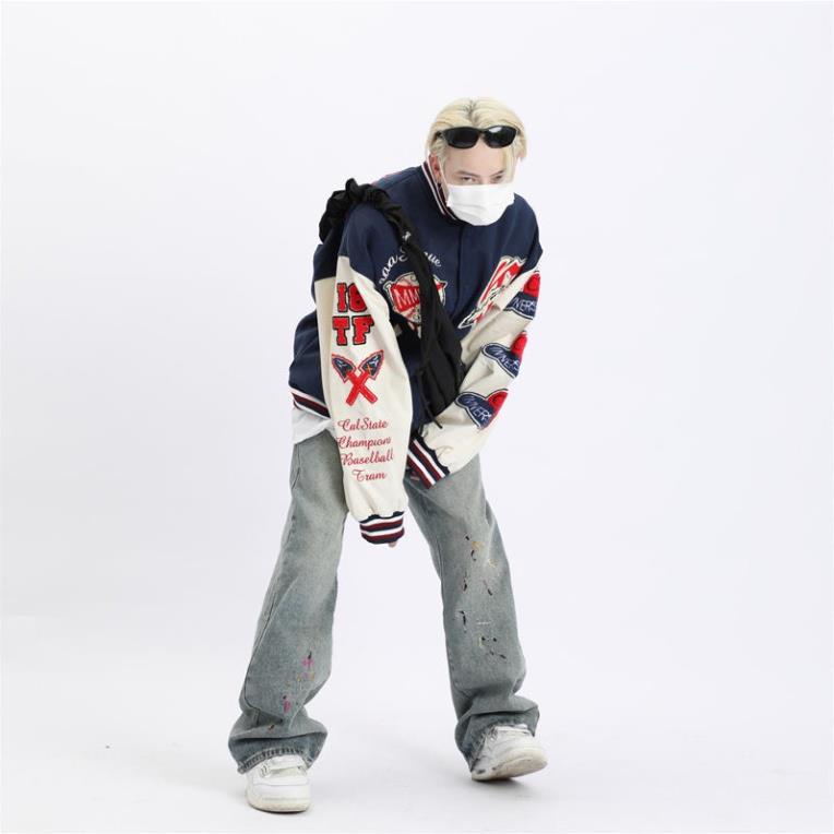 Áo khoác bóng chày Chiefs chất dạ cao cấp phối tay da phong cách retro Mỹ