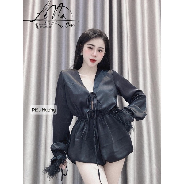 Jumpsuit lụa dây buộc kèm tay lông dạo phố sang chảnh | BigBuy360 - bigbuy360.vn