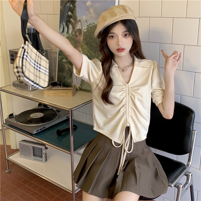 QADCOL  Áo Thun Tay Ngắn Cổ polo Màu Trắng Thời Trang Mùa Hè Cho Nữ