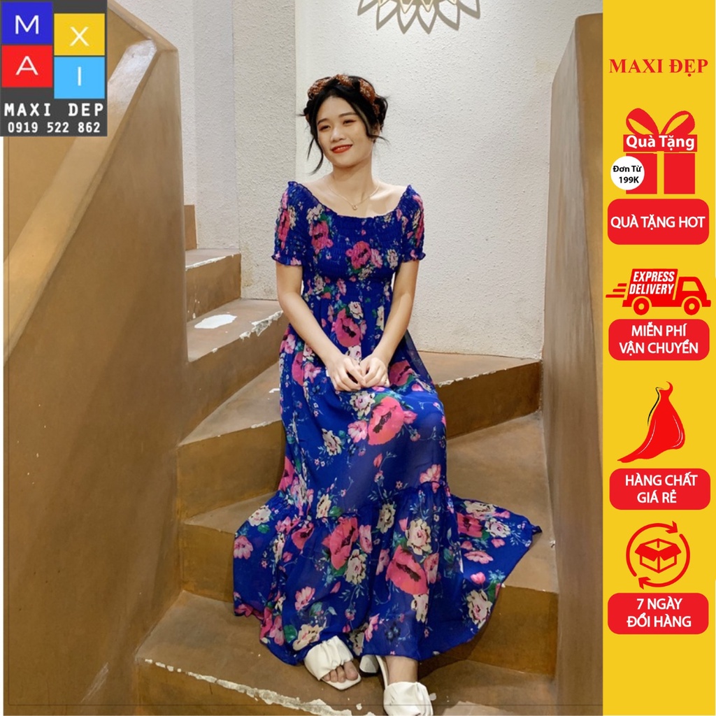 Đầm Trễ Vai Maxi Đẹp Hoa Hồng Nền Xanh Bích Freesize Tôn dáng cho Nàng Dưới 55kg