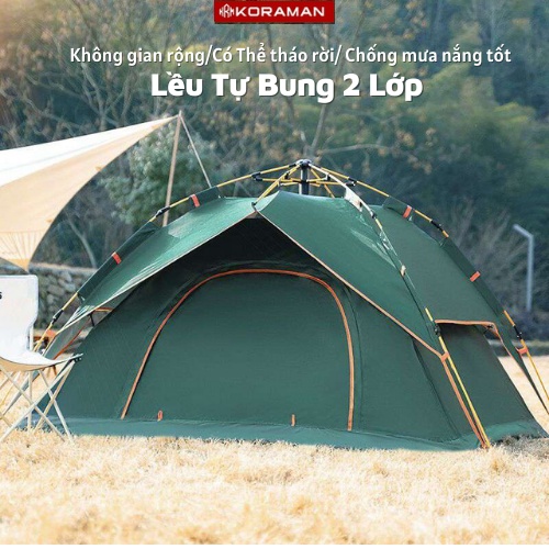 Lều cắm trại du lịch dã ngoại tự bung KORAMAN 2 lớp 2 cửa ra vào thông thoáng dành cho 2 - 4 người