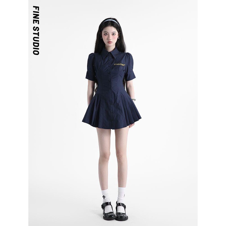 Fine Studio Váy Chữ a Xếp Ly Cài Nút Tay Ngắn Ôm Eo Phong Cách Preppy Mùa Hè Cho Nữ