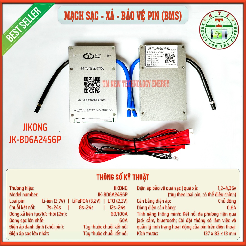 BMS JK Smart | Mạch sạc, xả và bảo vệ pin Lithium Li-ion 3,7v | LiFePO4 3,2v | LTO 2,3v | 7s - 24s | 60A