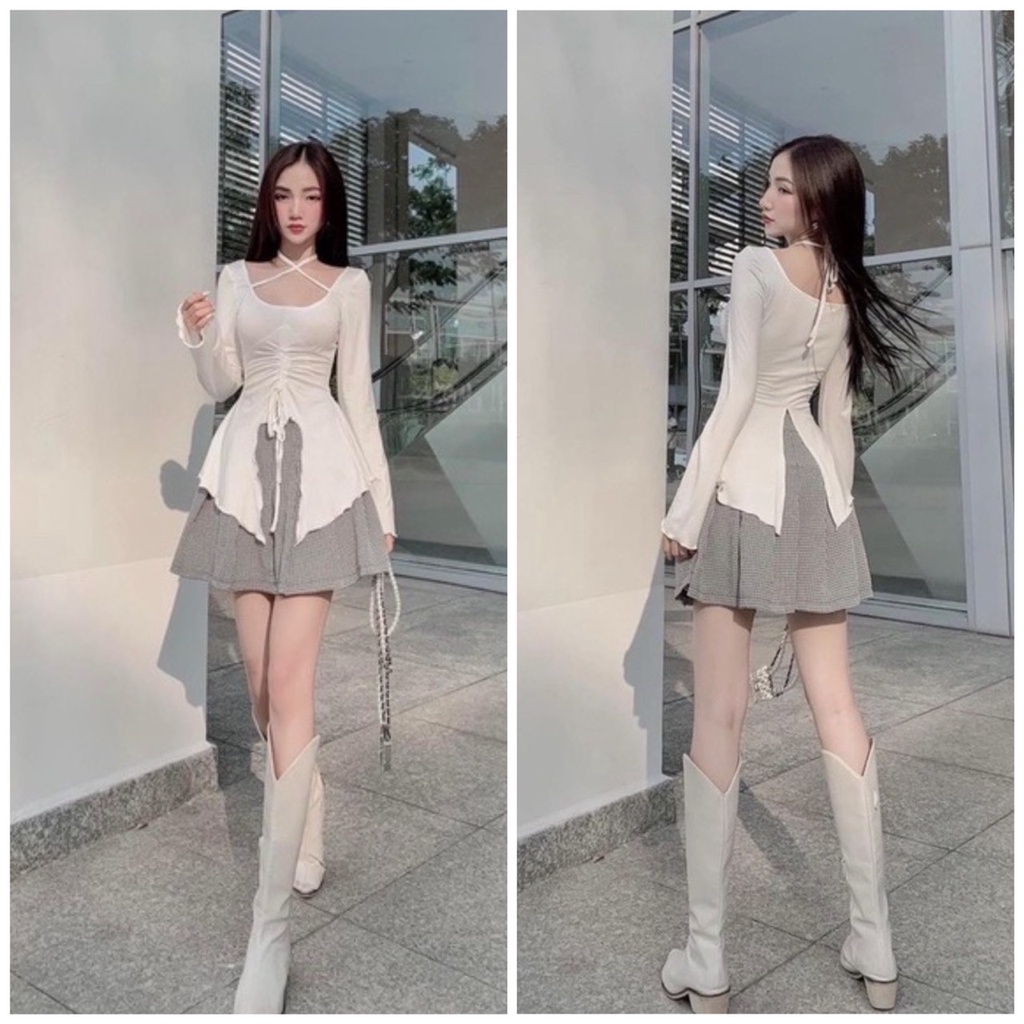 [Mã TOPADD giảm đến 20k đơn 150k] Áo thun body nữ rút eo kiểu tay loa dây chéo cổ chất thun gân- ringu shop | BigBuy360 - bigbuy360.vn