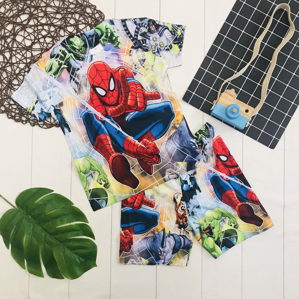 Đồ bộ bé trai, bộ thun lạnh cộc tay bé trai in 3D hình siêu nhân Người Nhện - Spider Man size đại cho bé từ 10 - 60kg