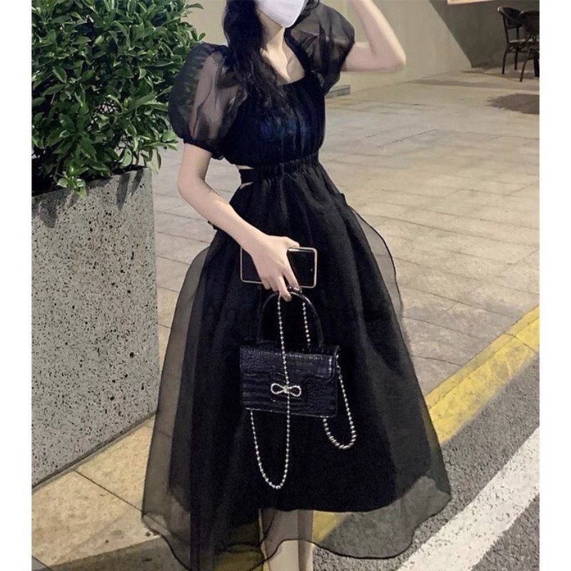 Đầm voan tơ cổ vuông nơ lưng ,váy công chúa cổ vuông tay bồng dáng dà ,maxi tay bồng bèo tầng ulzzang hàn quốc ANIESHOP