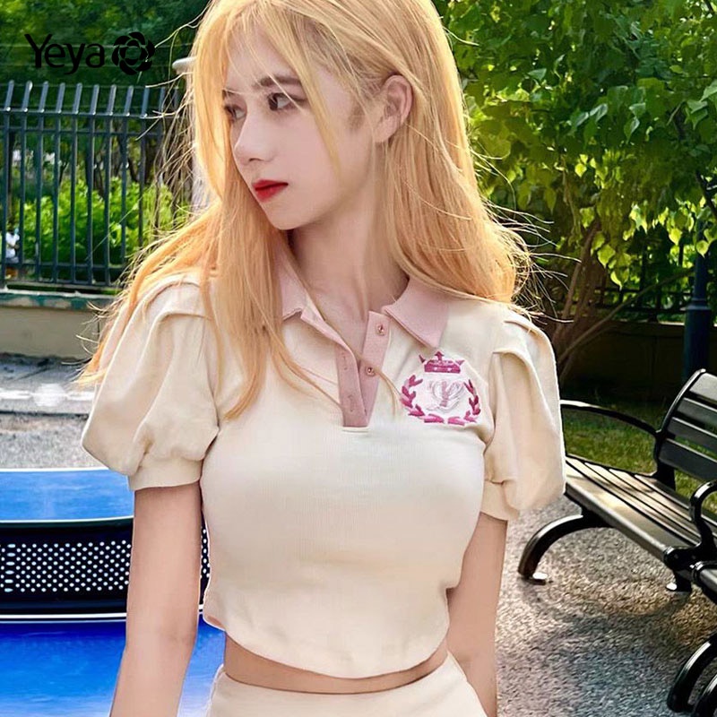 Áo polo YEYA tay ngắn phồng hở rốn màu trơn phong cách đại học thời trang cho nữ