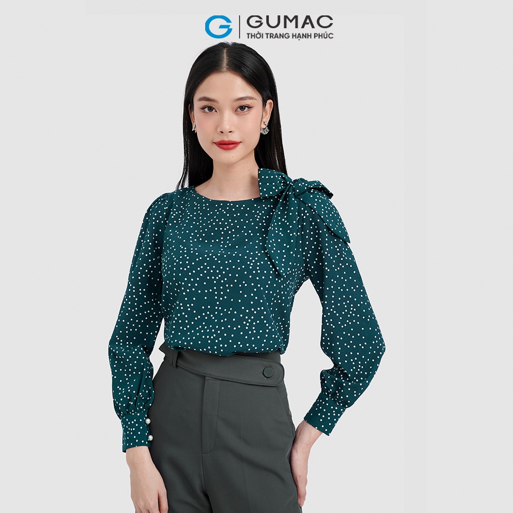 Áo họa tiết chấm bi kiểu nơ vai GUMAC LA0924