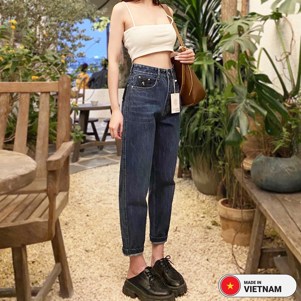 Quần baggy jean nữ, Quần bò baggy nữ lưng cao thêu túi sau RA03, REDRIBBON ARMY