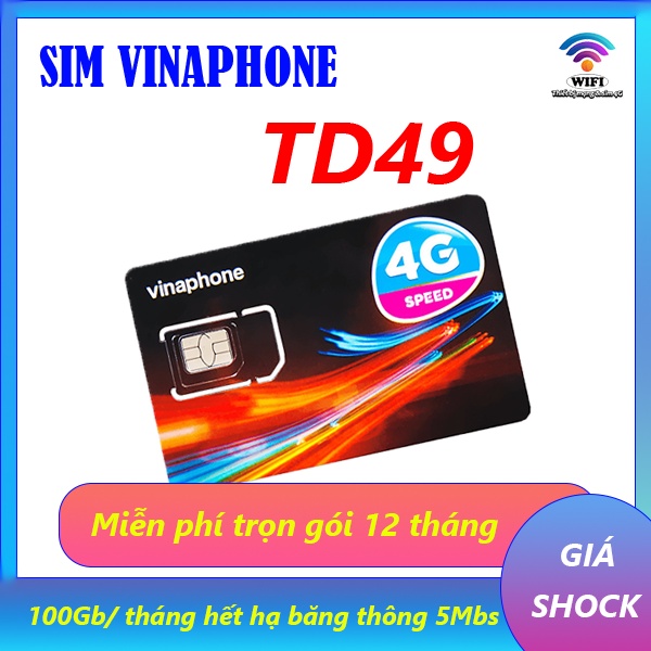 Sim 4G Vinaphone gói TD49 Trọn gói 12 tháng, mỗi tháng có 100G