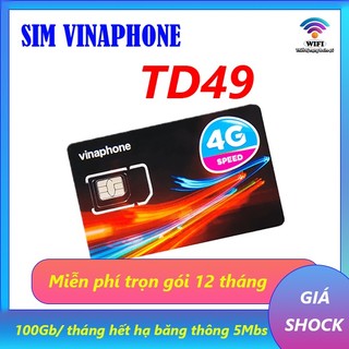 Sim 4g vinaphone gói td49 trọn gói 12 tháng, mỗi tháng có 100gb, hết 100gb giảm xuống 5mbps