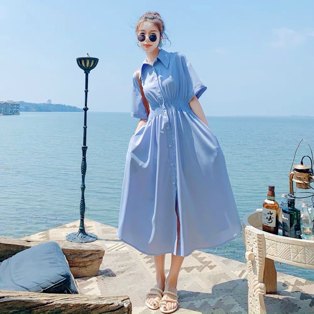 Đầm váy freesize sơ mi chun eo 2 màu