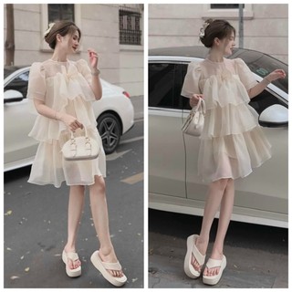 Đầm babydoll voan xòe xếp tầng bèo đính nơ, váy công chúa