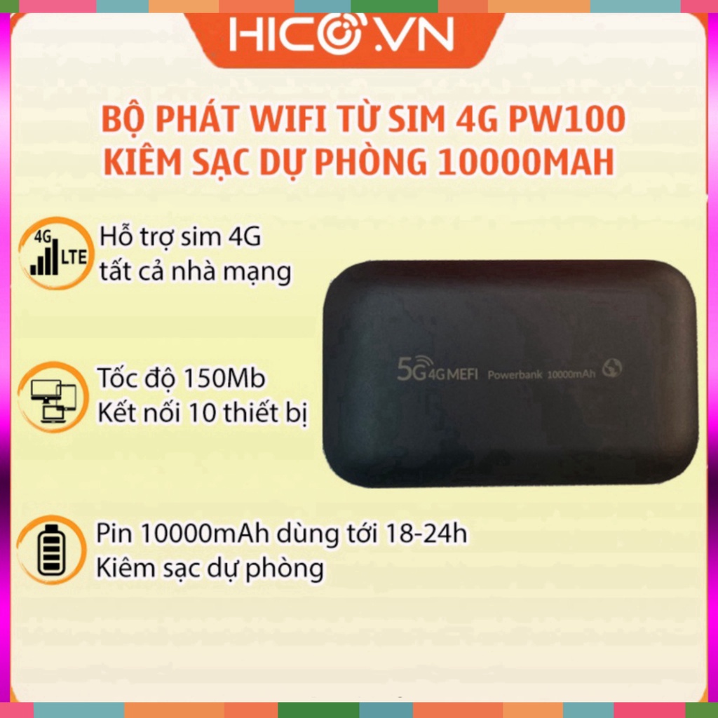 Bộ Phát Wifi 4G Poket PW100 Tốc Độ 150 Mbps Dung Lượng Pin 10000 mAh Kiêm Sạc Dự Phòng, Thiết Bị Phát Wifi Từ Sim - Giảm